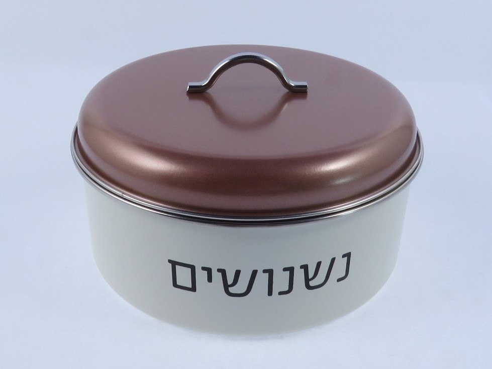 קופסא לאחסון הרמטית עגולה נמוכה ממתכת לעוגיות ונשנושים, צבע שמנת מכסה ברונזה - רטרו – תמונה 4